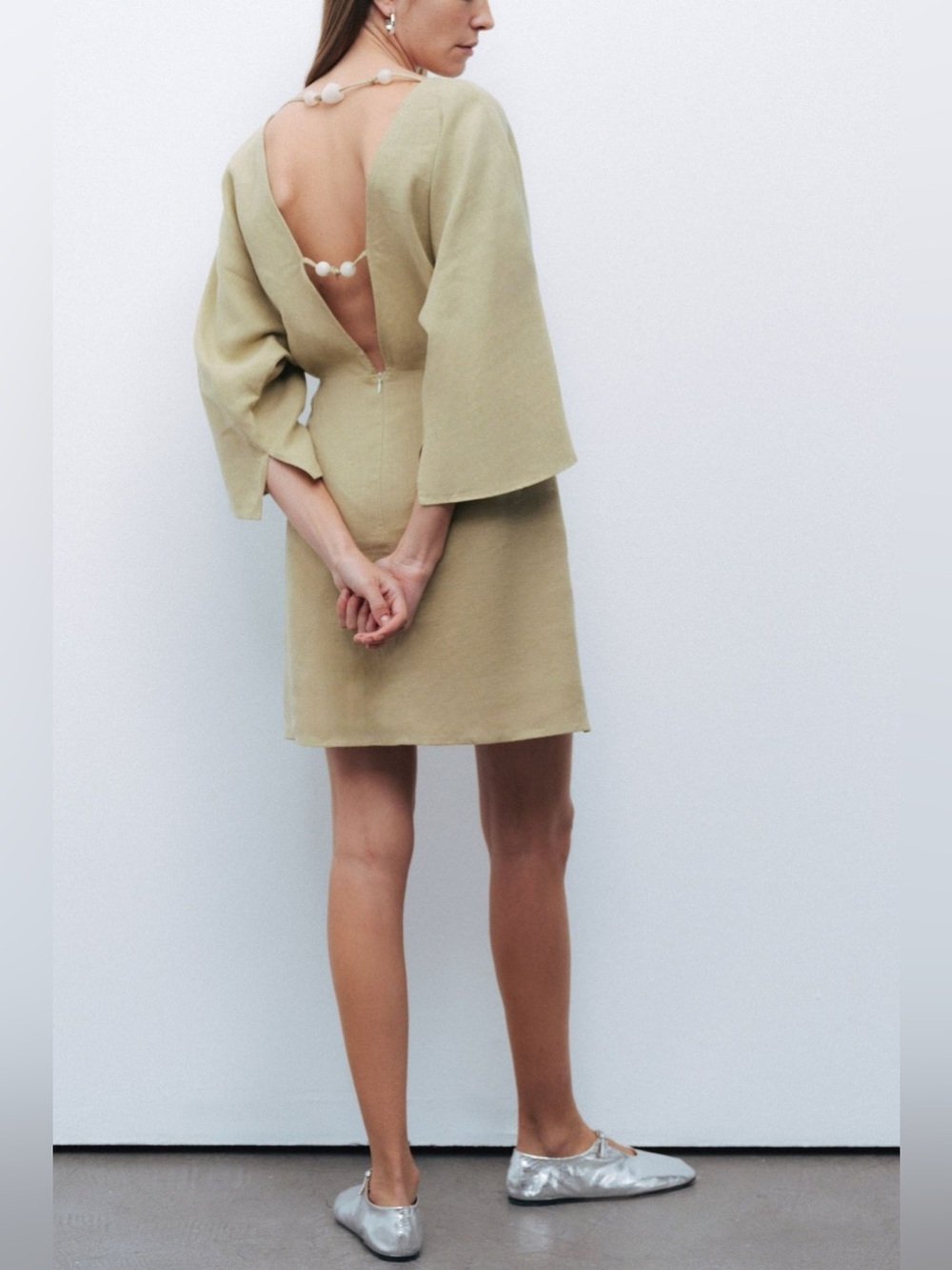 NOCTURNE 100% Linen Beaded Back Mini Dress Olive Green Women's S Quiet Luxury - Picture 2 of 14